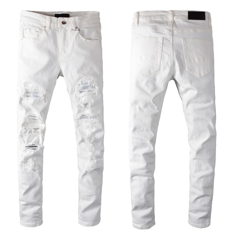 

White Jeans With Holes Skinny Ripped Mens Fit Designer Distressed Torn For Man Pants Damaged Patchwork Motorcycle Long Zipper Baggy Denim Youth Slim Straight Hole, 843