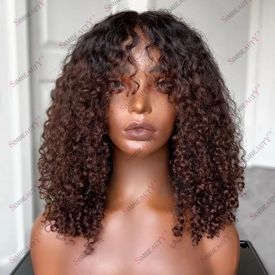 

Natural Fringe Kinky Curly Ombre Human Hair Lace Front Wig for Africa-American Women 13x6 Deep Part Lace Frontal Wigs, As picture color