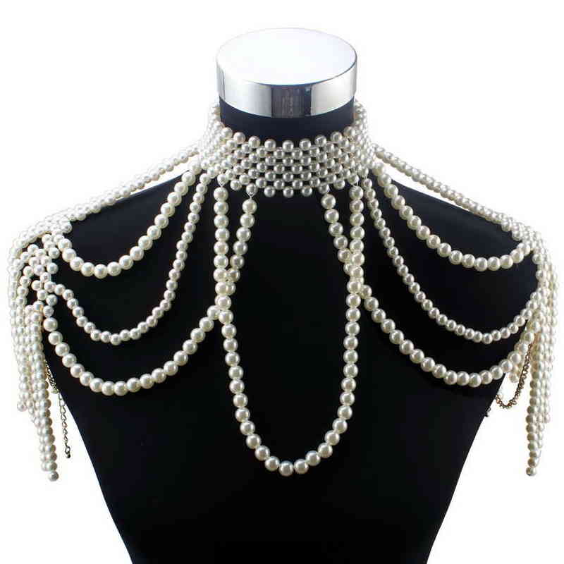 

Florosy Long Bead Chain Chunky Simulated Pearl Necklace Body Jewelry for Women Costume Choker Pendant Statement Necklace New H220409