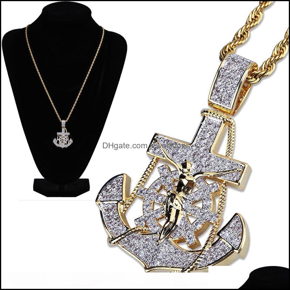 

New 18K Gold Plated Iced Out Cublic Zirconia Vintage Anchor Pendant Necklace Twist Chain 2 Colors Hip Hop Punkrock Jewelry Gifts For Drop De