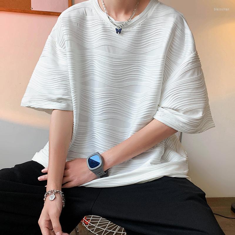 

Men's T-Shirts Summer Black White Pleated T-shirt Men Fashion Casual Ice Silk Korean Loose Short-sleeved T Shirt Mens Top -2XLMen's Bles22