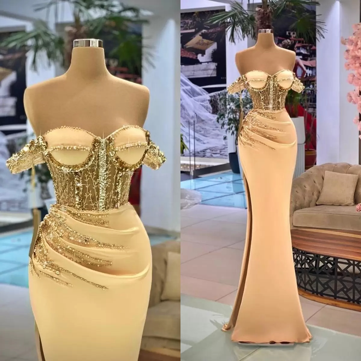 Sparkly Beaded Mermaid Prom Dresses Off The Shoulder Sequined Long African Satin Sweep Train Women Formal Evening Gowns