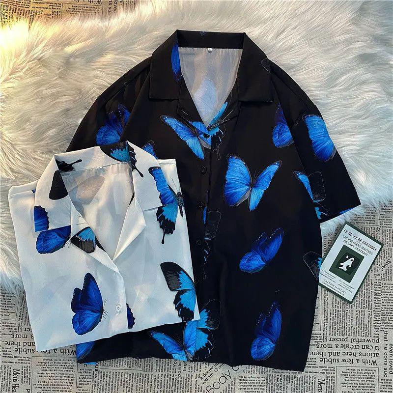 

Women's Blouses & Shirts Harajuku Aesthetic Women Clothing Summer Short Sleeve Shirt Blouse Casual Tops Female Vintage Butterfly Print Y2KWo, White