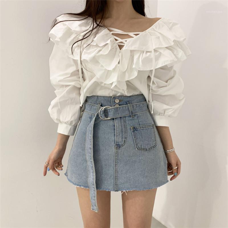 

Skirts Solid White Summer Crop Top Women V Neck Tie Scalloped Casual Holiday Tank Long Sleeves Loose Fit Chic Tops 2022, Light blue