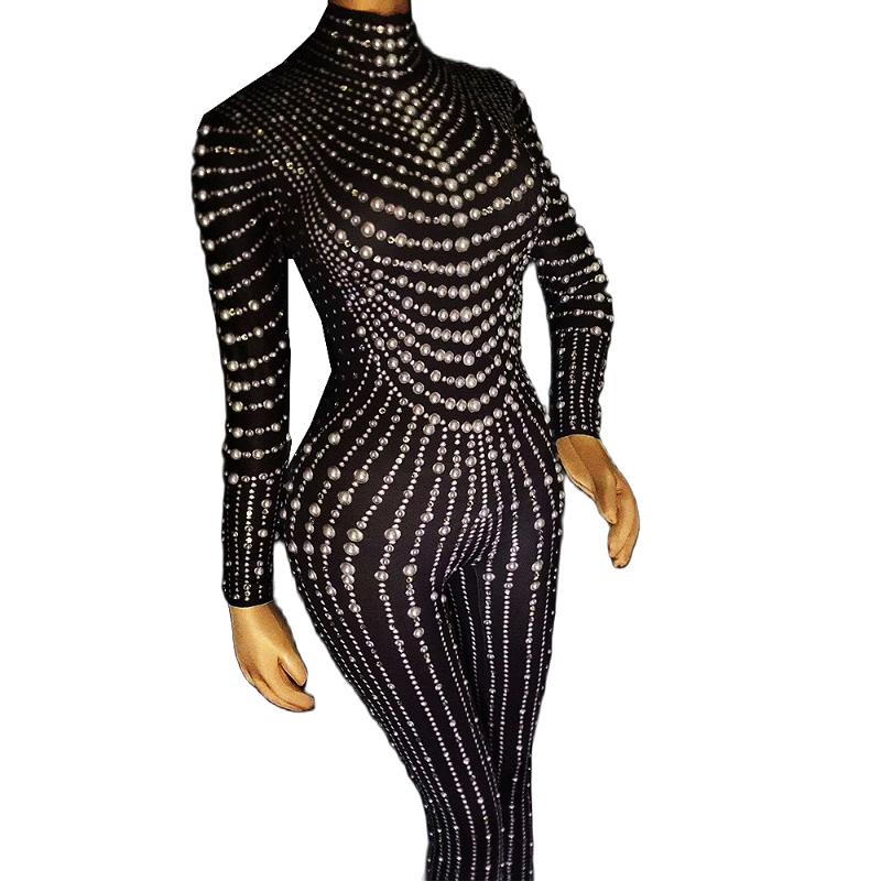 

Stage Wear Sparkly Rhinestone Leotard Black Jumpsuits Shining Pearls Women Bodysuits One Piece Performance Costume Nightclub