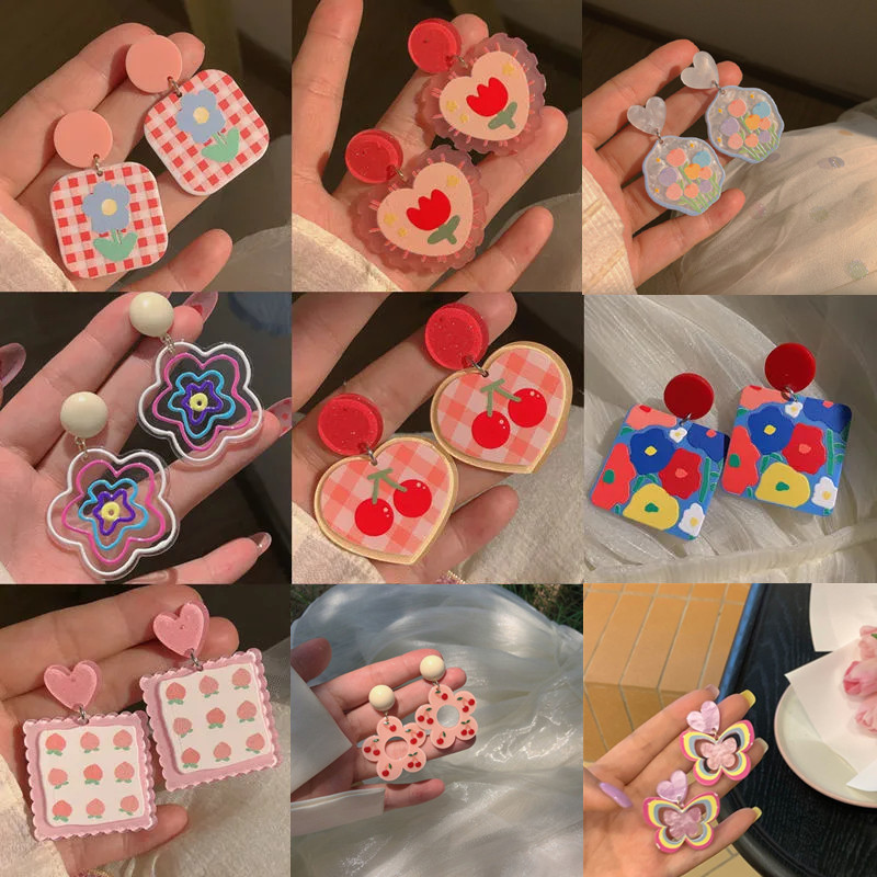 

Oil Painting Style Colorful Flower Earrings Minority Design Sense Spring and Summer Earrings Female Contrast Acrylic