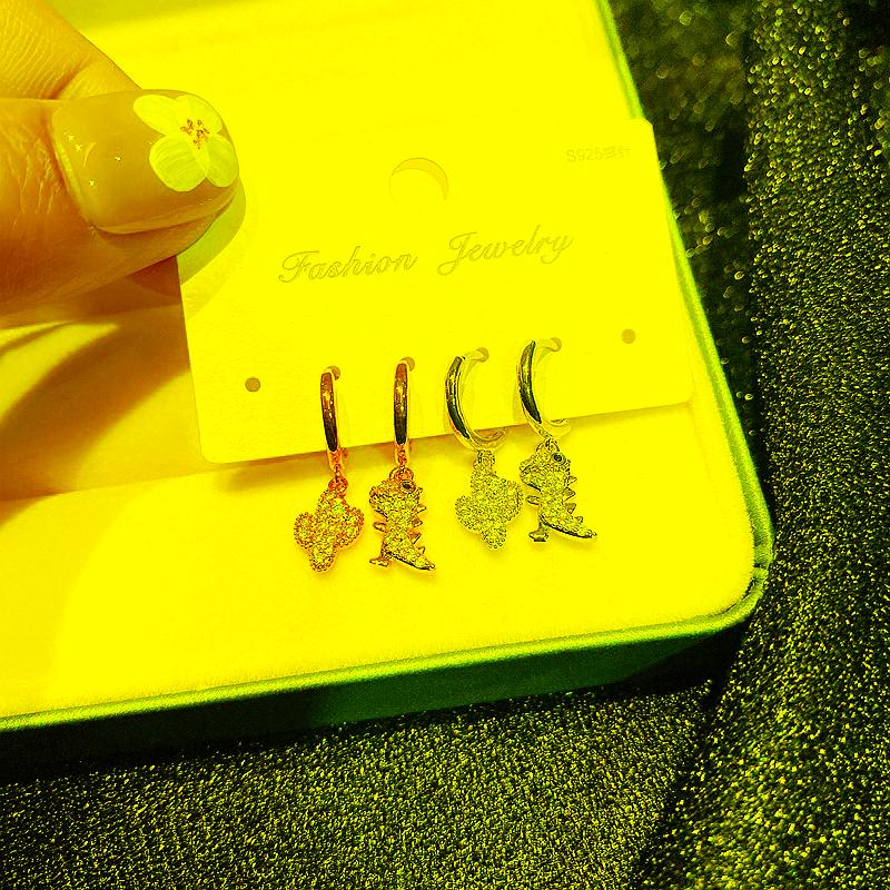 

Dangle & Chandelier Trendy Cute Cactus Dinosaur Earrings For Women Gold/Silver Color Cubic Zircon Huggies JewelryDangle