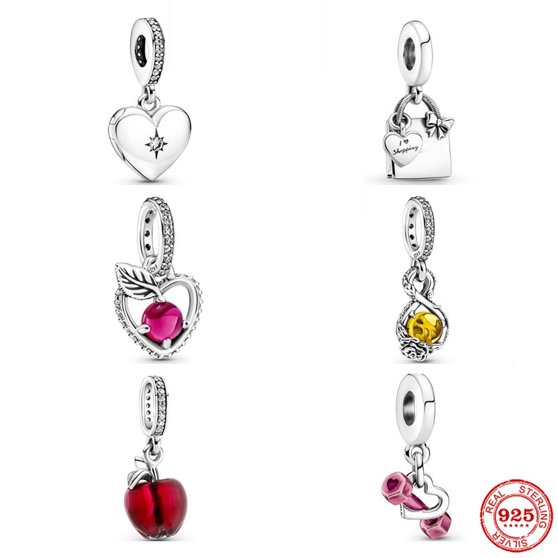 

925 Sterling Silver Dangle Charm Sparkling Apple Dumbbells Heart Beads Bead Fit Pandora Charms Bracelet DIY Jewelry Accessories