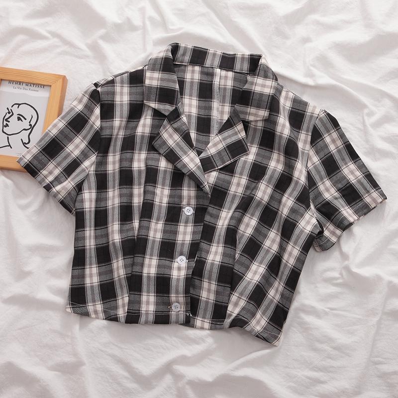 

Women's Blouses & Shirts Women Plaid Summer Short-sleeved Breathable Chiffon Blouse Ladies All Match V Neck Crop Tops Preppy Style Button Up, Green