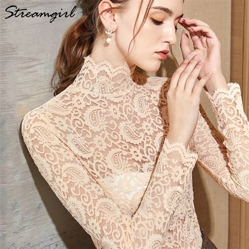 

Woman White Lace Blouse Transparent Summer Women Blouses Plus Size Womens Tops And Blouses With Black Lace Shirts Long Sleeve Y200623, Apricot