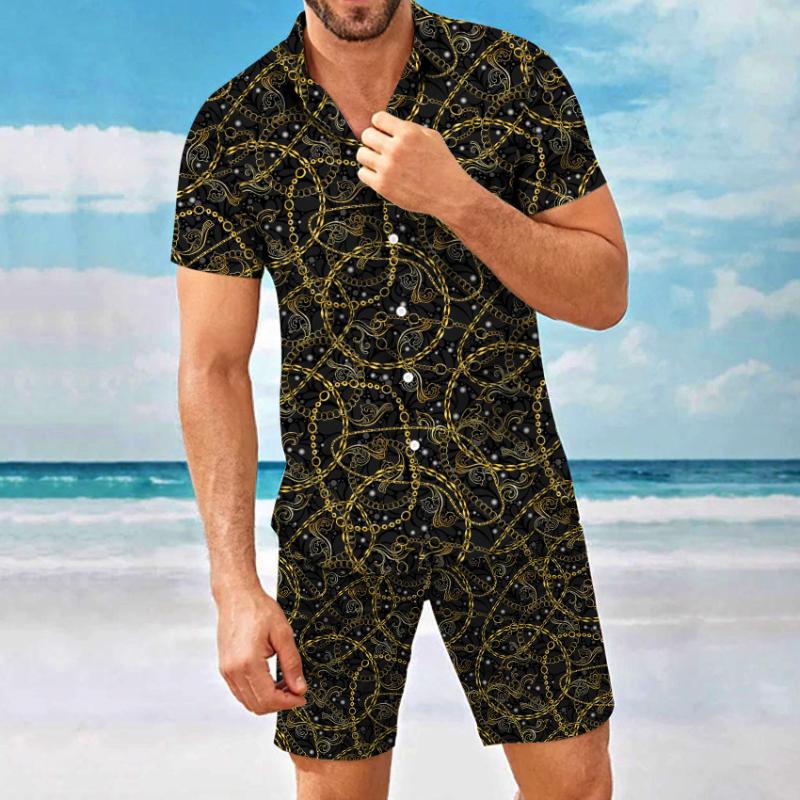 

Men's Tracksuits Summer Men's Short Sleeve Shorts Set Breathable Refreshing Print V-Neck Casual Travel Single Breasted Shirt Pattern Shi, Zc-1448
