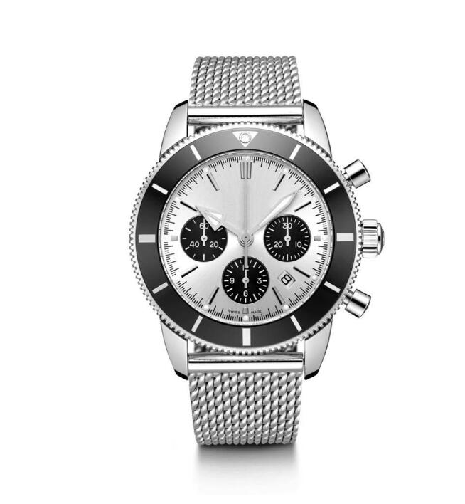 

New Mens Superocean Quartz Chronograph Stainless Steel 46mm Watch Luxury Ceramic Bezel Black White Dial Rubber Strap, Water proof 50m