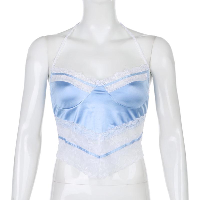 

Women' Tanks & Camis Summer Sexy Satin Lace Stitching V-neck Halter Top Women, Blue