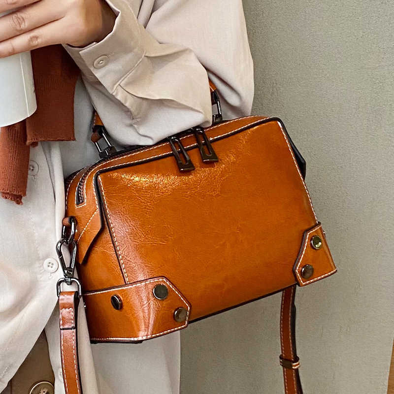 

happy_buy_bag 2022Bag new oil wax pure leather women's bag double shoulder bag style cowhide Portable Single, Wine red