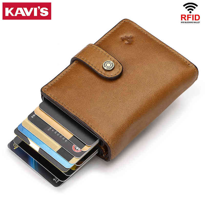 

New RFID Aluminium Alloy Holder Genuine Leather Card Wallet Card Holder for Men Women Automatic Pop Up Card Case H220422, Brown