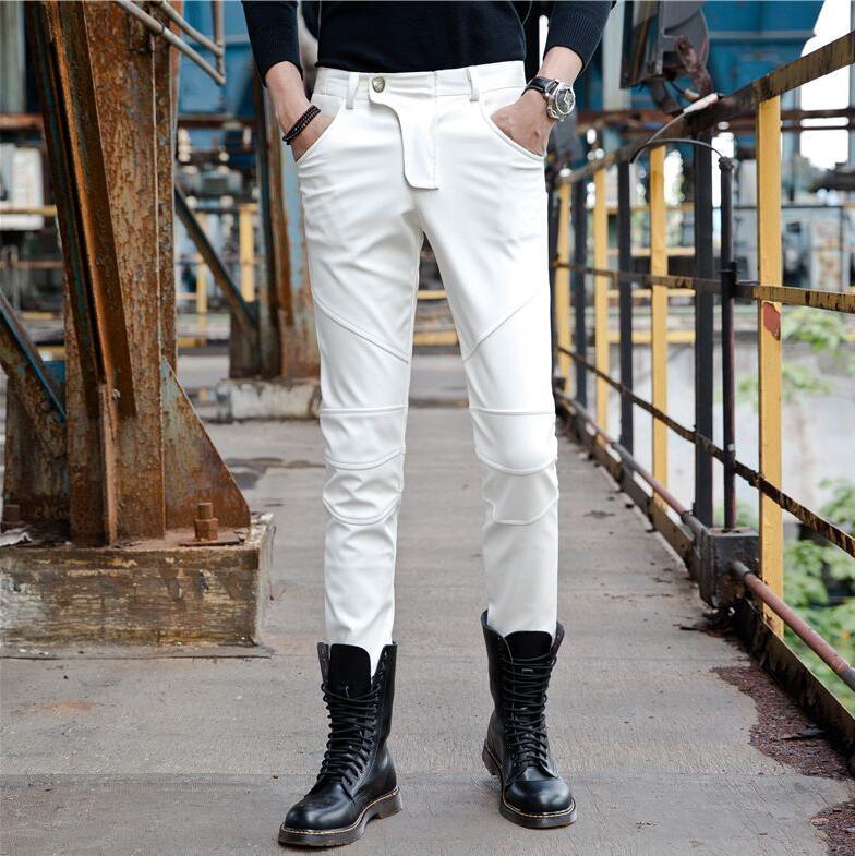 

Men's Pants White Leather Mens Feet Plus Velvet Thick Elastic Fashion Motorcycle Pu Trousers Men Personality Pantalon HommeMen's