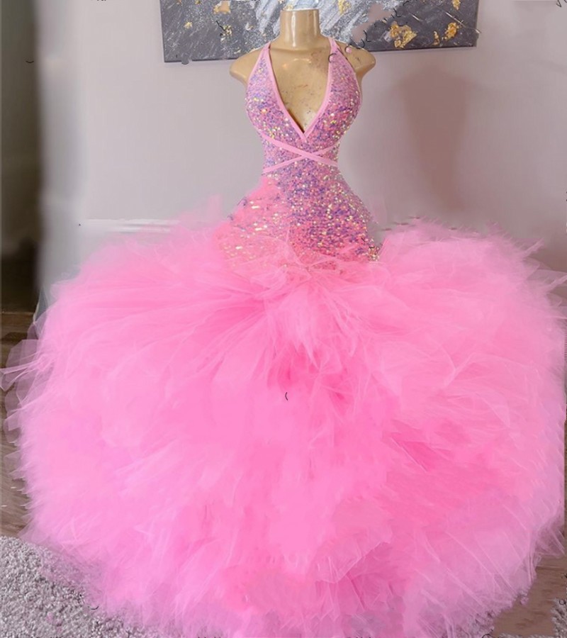 

Sparkly Pink Long Formal Prom Dress For Black Girls 2022 Sequine Ruffles Backless Birthday Party Gowns Robe De Soiree Vestidos Festa, White