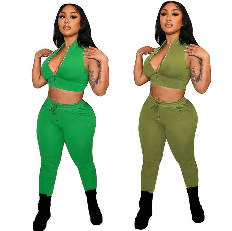 

Women' Two Piece Pants WUHE Fitness Casual 2 Set Tracksuit Women Sleeveless Zipper Tops And Jogger Outfits Streetwear, Orange