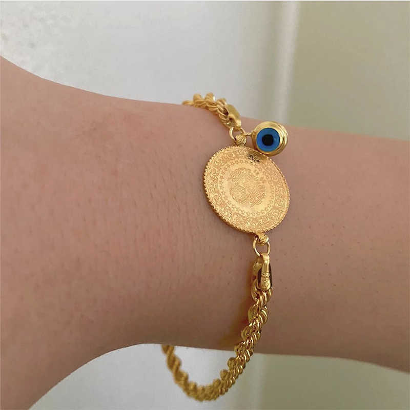 Islamic Coin Bracelet, Luxury Jewelry, Gold Plating, Blue Eye Necklace, Arab Middle East Trend, Wedding Gift Trend Noosa Chunks-image-748131378