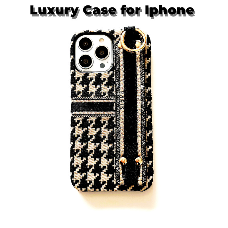 

Luxury Embroidered Knitted Houndstooth Lattice Phone Protective Case for Iphone 14 14pro 13promax 13 12 Promax 12 XR Xsmax 11 7 8plus with Hand-held Strap, Style 1