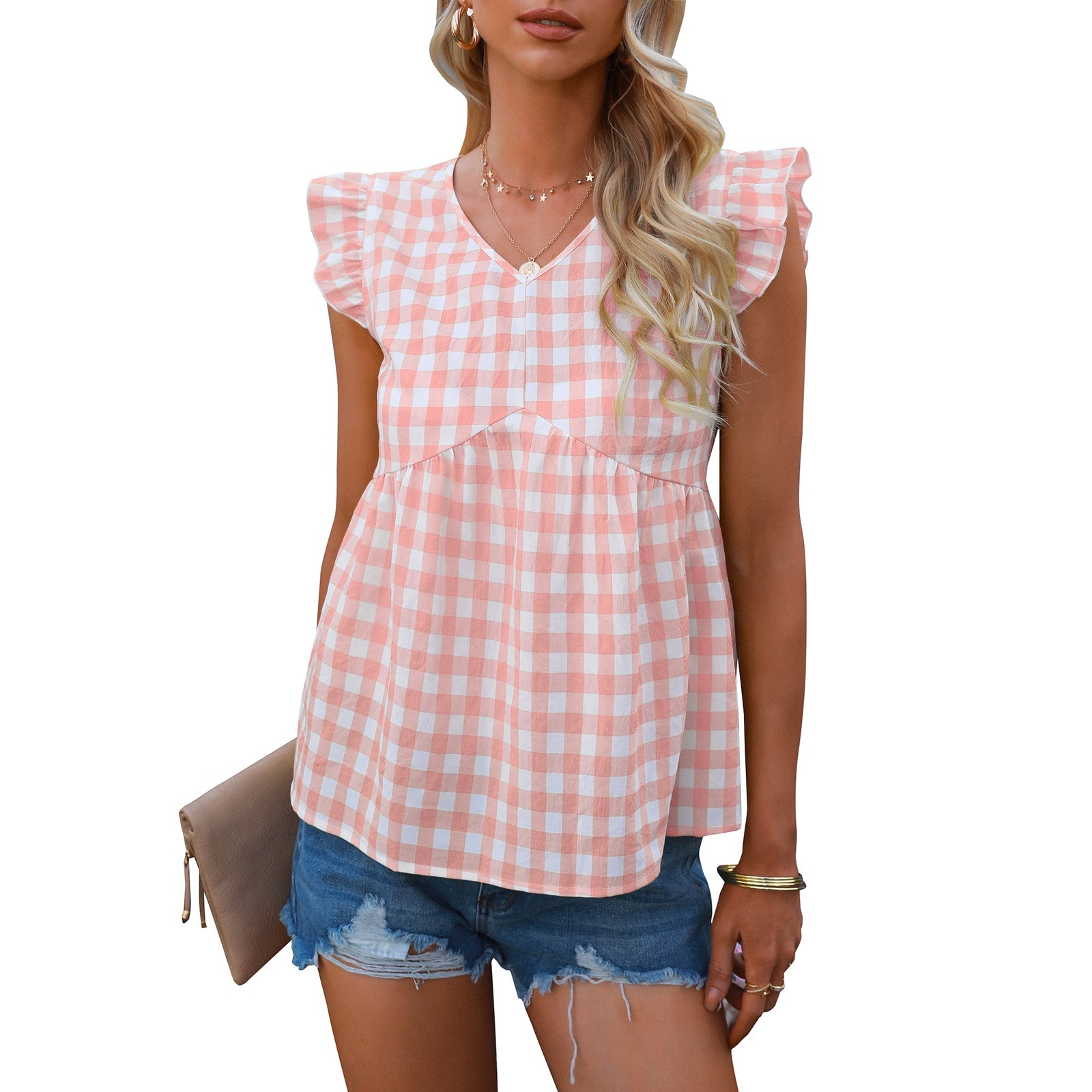 

gingham Print Butterfly Sleeve Peplum Blouse R47w#, Pink