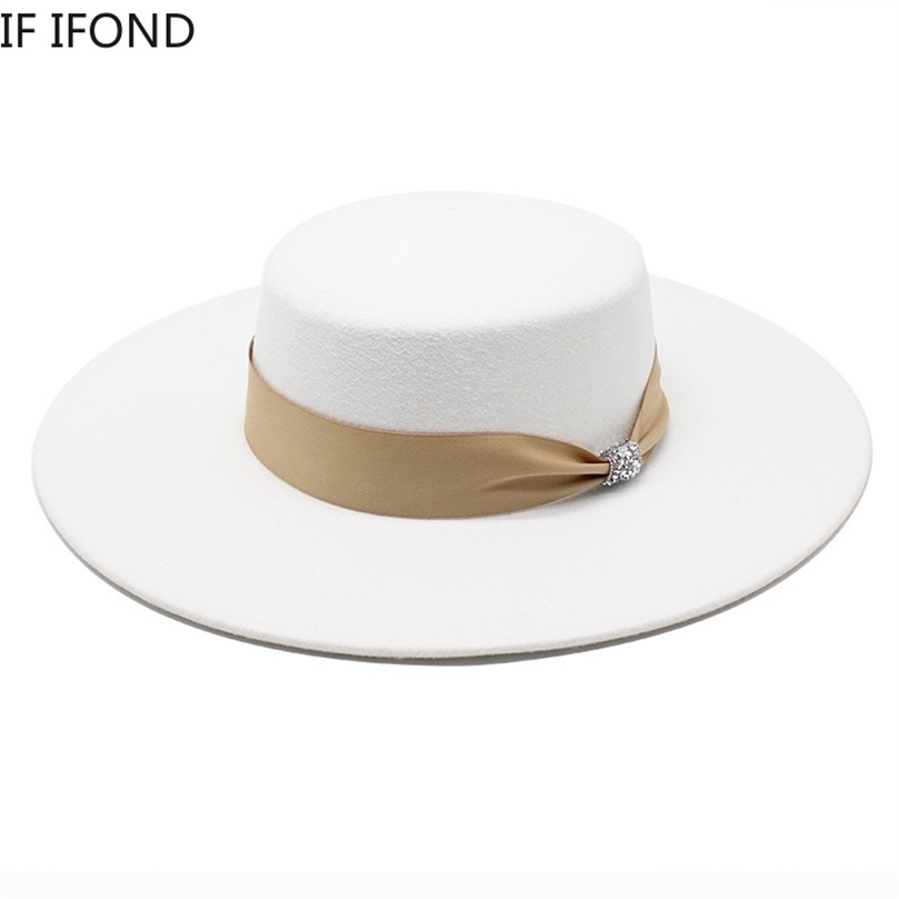 

French Ladies White Bownot Satin Felted Fedoras Hat Women Banquet Elegant Formal Party Dress Cap 10CM Wide Brim Church Hat 220514, Camel