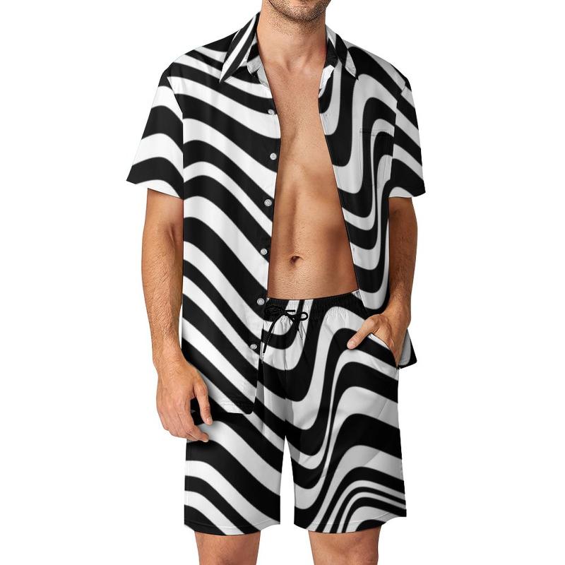 

Men's Tracksuits Abstract Striped Men Sets Black White Stripes Casual Shorts Summer Cool Outdoor Shirt Set Short Sleeve Print Plus Size Suit, Style-17