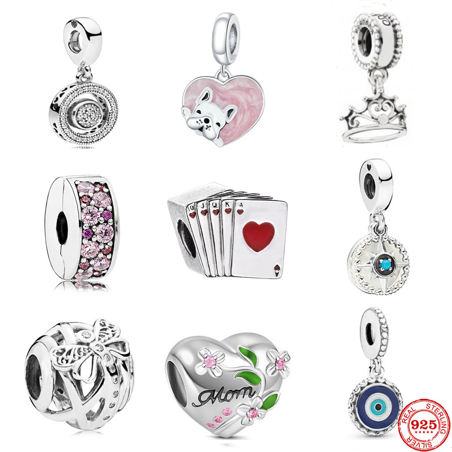 

925 Sterling Silver Dangle Charm Poker Crown Pet Mom Flowert Cilp Beads Bead Fit Pandora Charms Bracelet DIY Jewelry Accessories