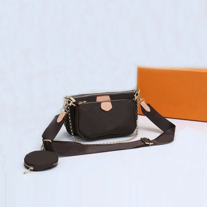 

Fashion luxurys Shoulder Bags favorite multi accessories 3 pcs/set women Crossbody Purse Messenger bags Handbags Flowers lady Leather with box, Brown flower+blue shoulder strap