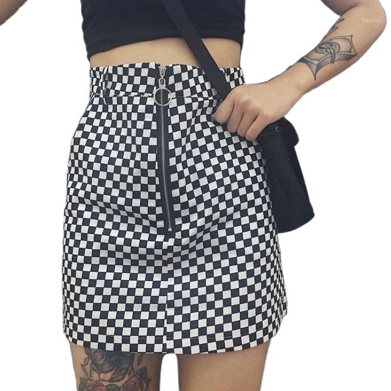 skirts Lady Casual O-Ring Zip Checkered Mini Skirt Women Summer Glamorous Bodycon Mid Waist Plaid k80Q#-image-790128192