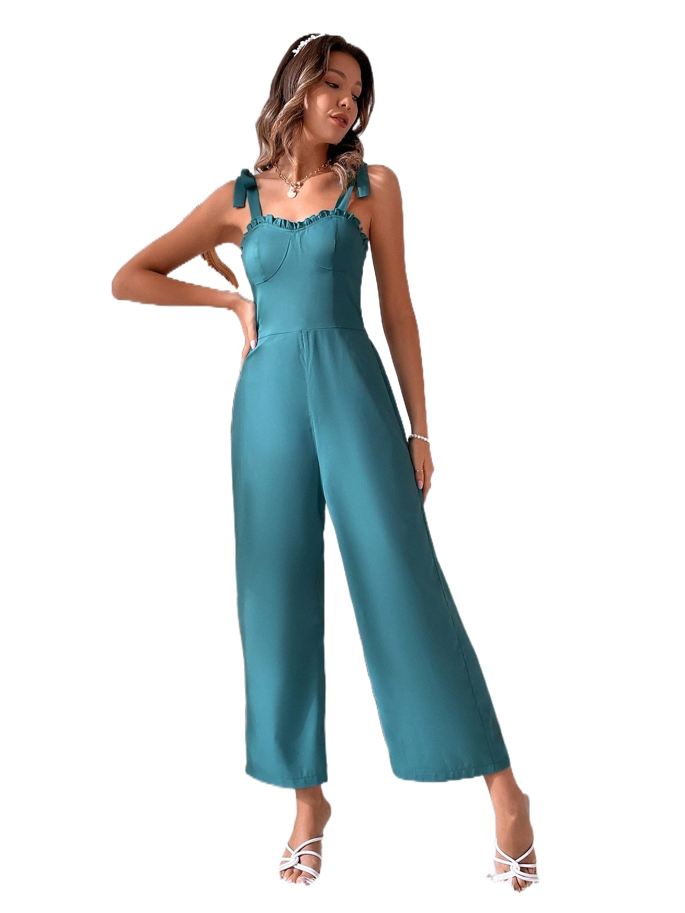 

tie Shoulder Shirred Back Frill Trim Cami Jumpsuit z9cO#, Teal blue