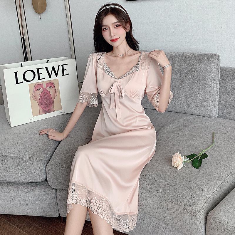 

Women's Sleepwear Lisacmvpnel Sexy Nightdress Female Summer Short Sleeve Sweet Girl Lace Hollow Ice Silk Long Design NightwearWomen's, Black