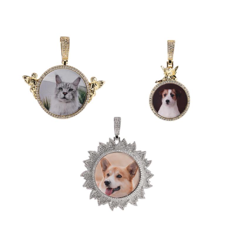 

Pendant Necklaces Custom Po Gold Plated Flame Shape Round Solid Back Angel Necklace Zircon Jewelry Wholesale