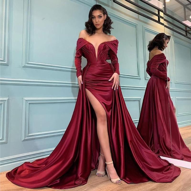 

Party Dresses Burgundy Overskirts Mermaid Evening Arabic Pleats Satin Long Sleeves Sexy High Side Slit Prom Gowns Off The Shoulder WoParty, Black