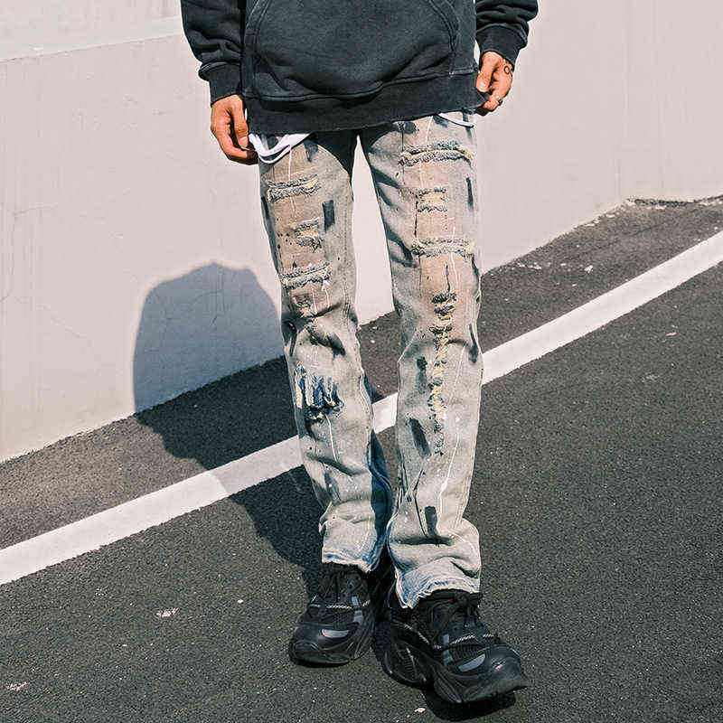 

2022 New Arrivals Graffiti Hole Ripped Distressed Men Slim Jeans Trousers Ankle Zipper Hip Hop Vintage Punk Grunge Denim Pants T220803, Gray blue