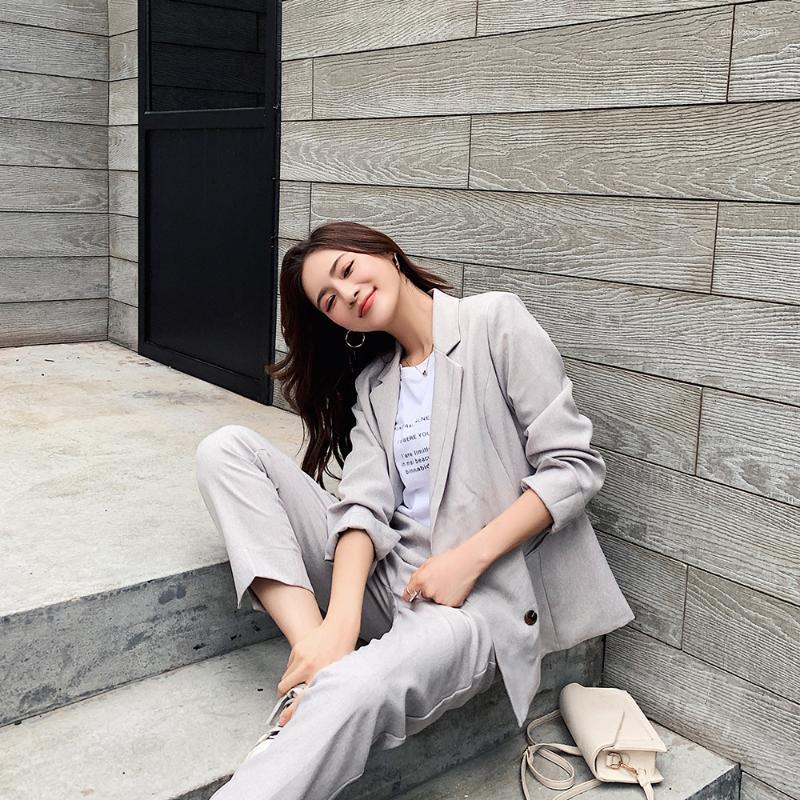 

Women' Tracksuits 2022 Spring Woman Sets 2 Piece Outfits Matching Pants Double Breasted Costume Elastic Waist Suit GD479, Gray