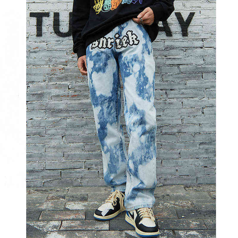 

Letters Tie-dye Embroidered Washed Jeans Men' Harajuku Retro Baggy Straight Pants Hip Hop Couple Fashion Casual Denim Trousers T220803, Blue