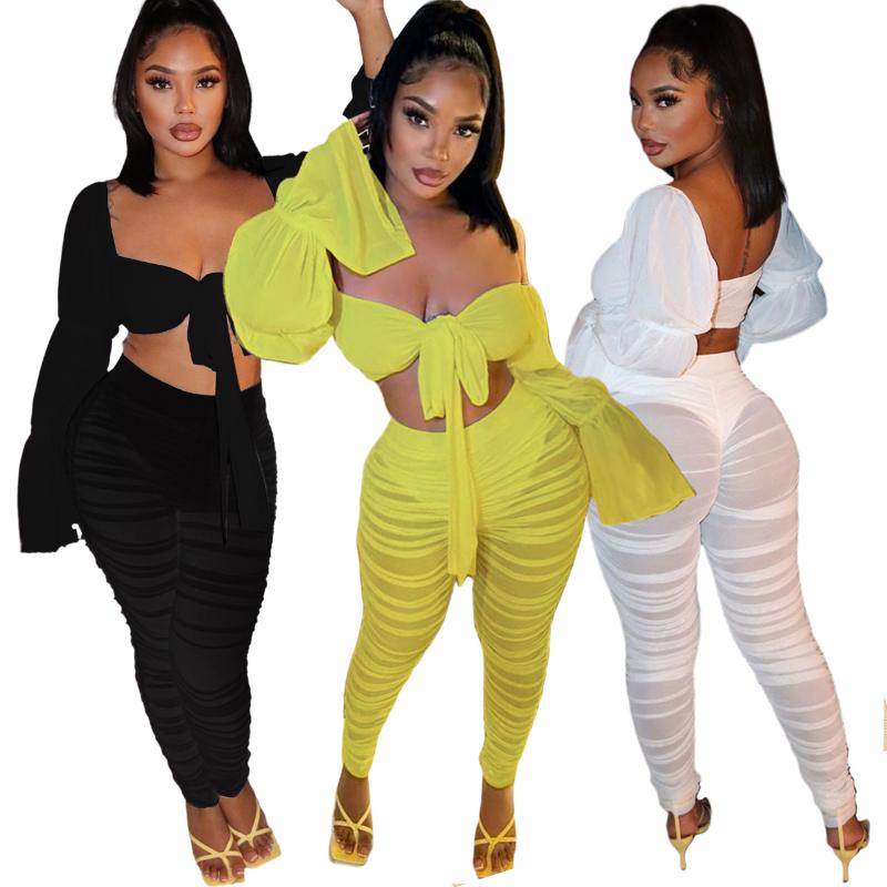 

Women' Two Piece Pants Summer Sexy Trumpet Sleeve Crop Top And Mesh Long Solid Slim Set Women Beach Club Party Rave Festival OutfitWomen, Black