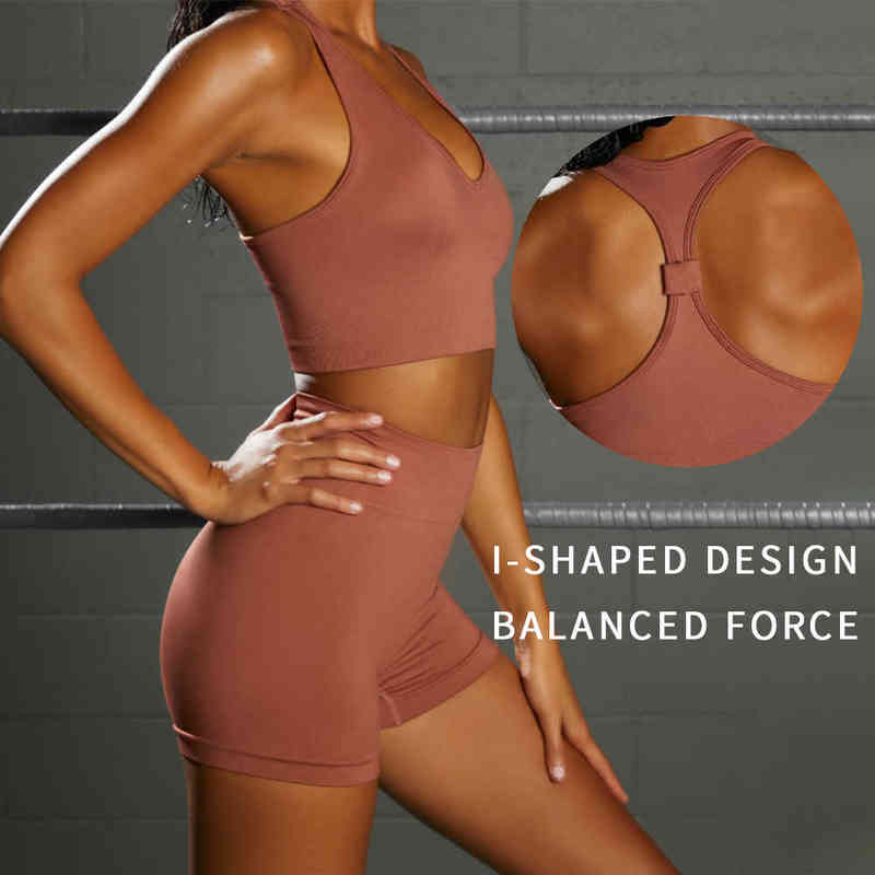 

2 PCS Women's Seamless Sports Vest High Waist Hip Lift Pants Yoga Wear Set Shock Absorbing Bra Two Piece Sports Fitness Wear T220725, Bra shorts red