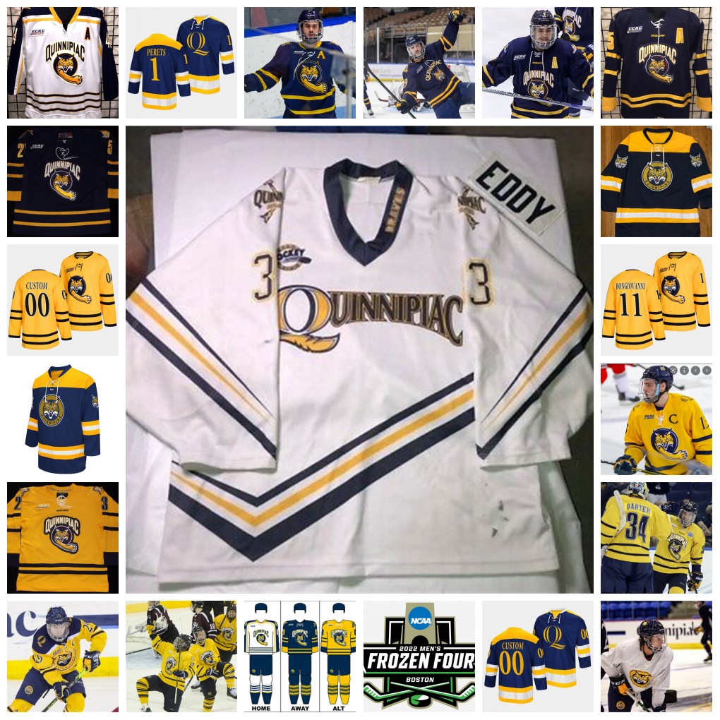 

2022 NCAA Frozen Four Custom QU Quinnipiac Bobcats Hockey Jersey 6 Devon Toews 4 Connor Clifton 11 Wyatt Bongiovanni 11 Bryan Leitch 8 Chris Cerrella 29 Todd Johnson, Gold1