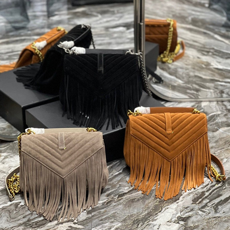 

College medium chain bag suede fringes quilted tassel bags designer women bag top-handle shoulder crossbody handbag luxury genuine leather top quality totes, Black