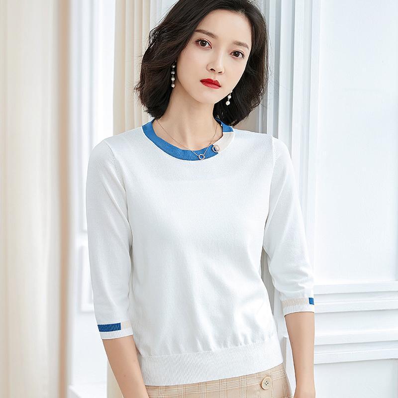 

Women's Blouses & Shirts Summer Fashion Design Female Knit Blouse Tops Elegant Half Sleeve Lady Striped, Beige