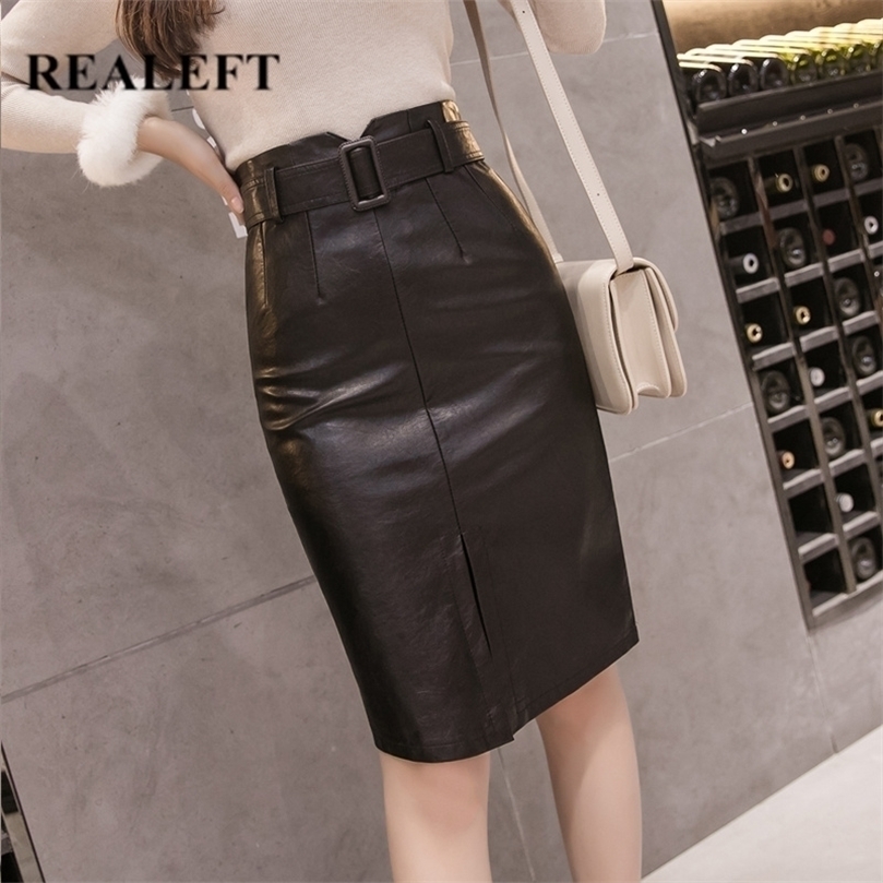 

REALEFT Autumn Winter OL Elegant Pencil Midi Skirts High Waist Black PU Leather Split Sheath Wrap with Belt Female 220401