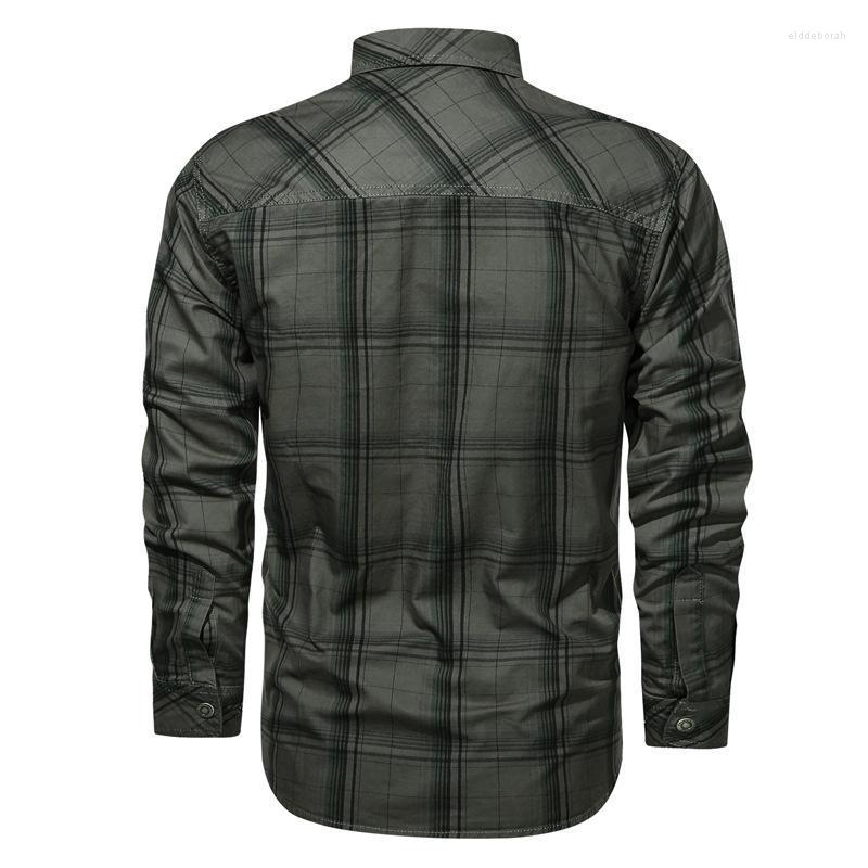 

Men's Dress Shirts Men Fashion Casual Long Sleeved Shirt Slim Fit Male Brand Cotton Mens Clothing Military Uniform Bomber Plaid ShirtMen's E, Army green