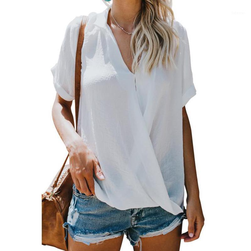 

Women' Blouses & Shirts White/Rusty/Apricot Crepe Drape Summer Blouse Top Sexy V Neck Short Sleeve Solid Casual Fashion Plus Size -2XL
