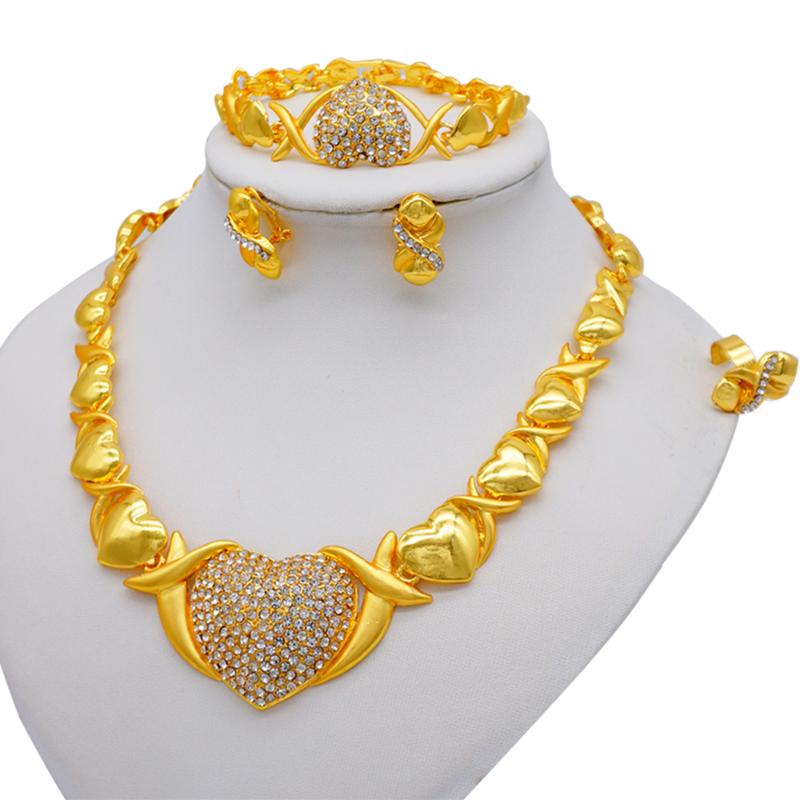 

Earrings & Necklace African Jewelry Sets Heart Bracelet Dubai Gold Set For Women Wedding Bridal Ring SetEarrings, As pic