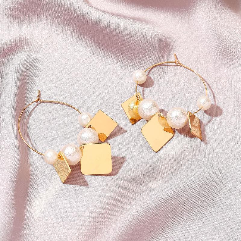 

Hoop & Huggie European American Simple Geometric Pearl Drop Earrings Personality Unusual Gold Color Square Hanging Exaggerated EarringsHoop