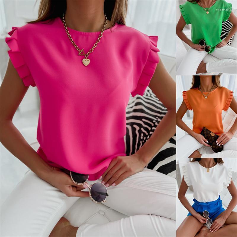 

Women' Blouses & Shirts Fashion Solid Color Summer O-neck Shirt Ruffles Women Clothes Blouse 4 Colors Drop Chee22, Green