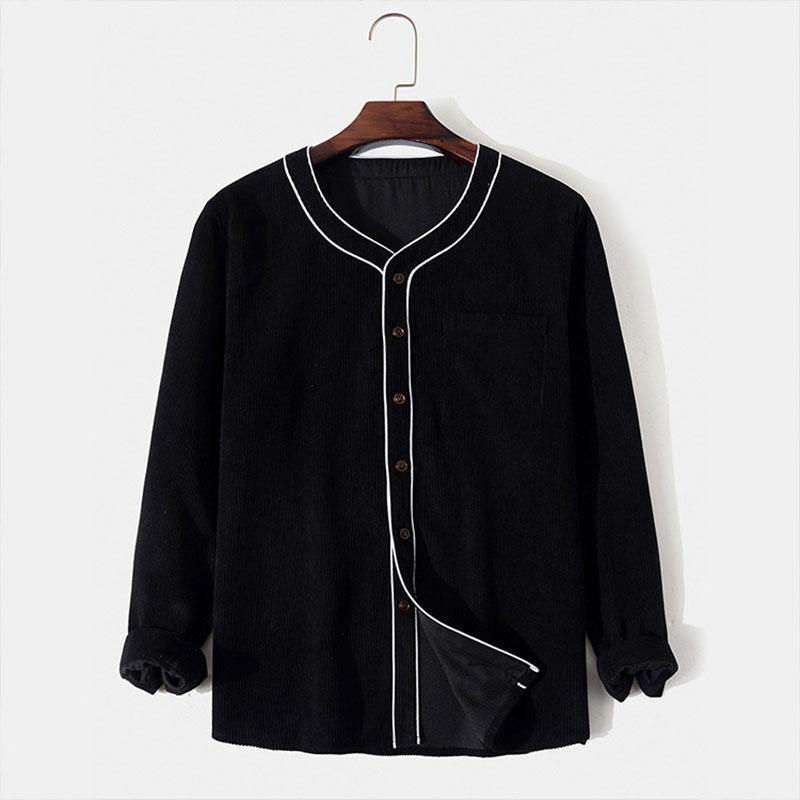 

Men' Casual Shirts Corduroy Collarless Shirt Fall Fashion Pure Color Button Pocket High Quality Long Sleeve 2022 Arrival, Black