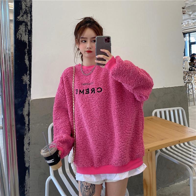 

Women's Hoodies & Sweatshirts Autumn Winter Lamb Wool Pink Sweater Thick Plush Warmth Korean Style Loose Casual Pullover Stitching Top, Rhodo
